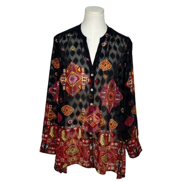 Ruby Rd. Womens Sheer Top Black Red Geometric Print  Size 14 - Picture 1 of 5